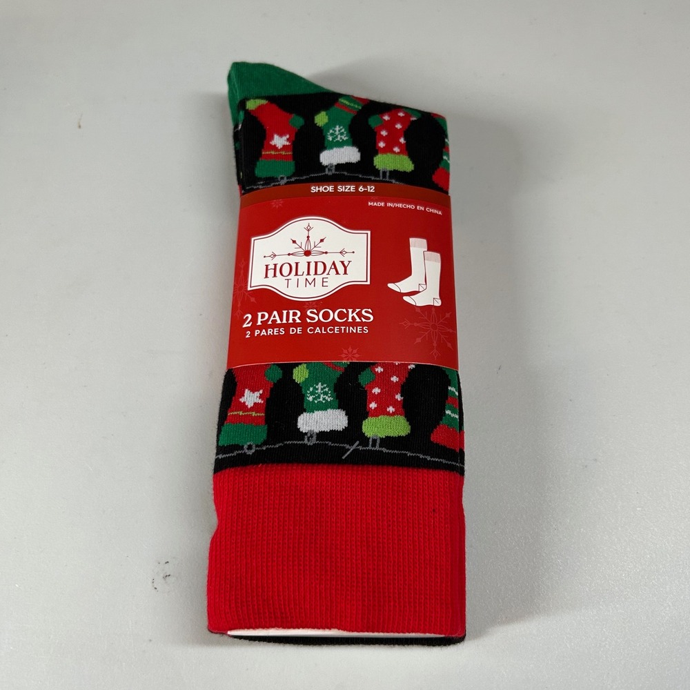 Holiday Time Christmas Socks 2-Pair Holiday Crew Socks Black Shoe Size 6-12 NWT